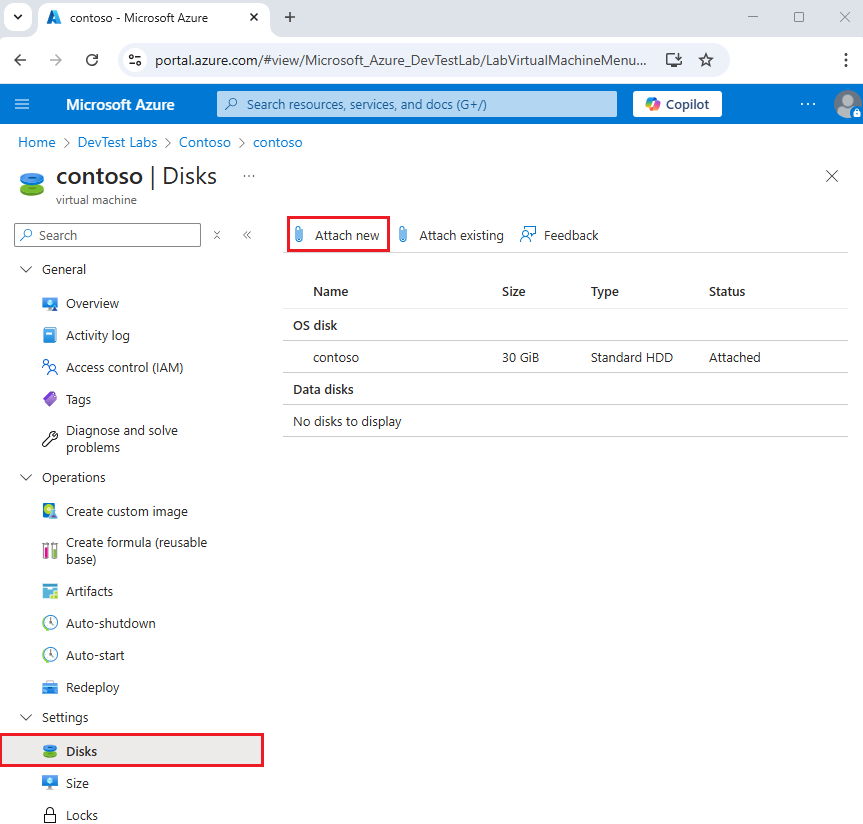 Screenshot of Attach new on the V M's Disk page.
