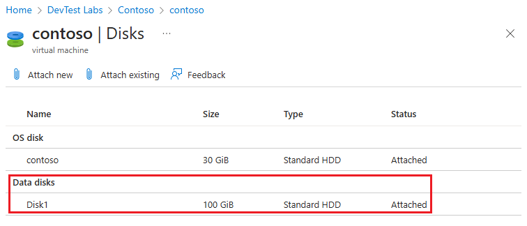 Screenshot of the new data disk under Data disks on the Disks page.