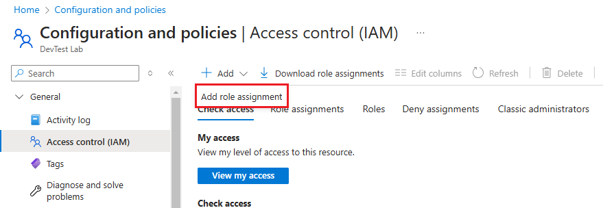 Screenshot of the Access control (IAM) page with the role assignment menu open.