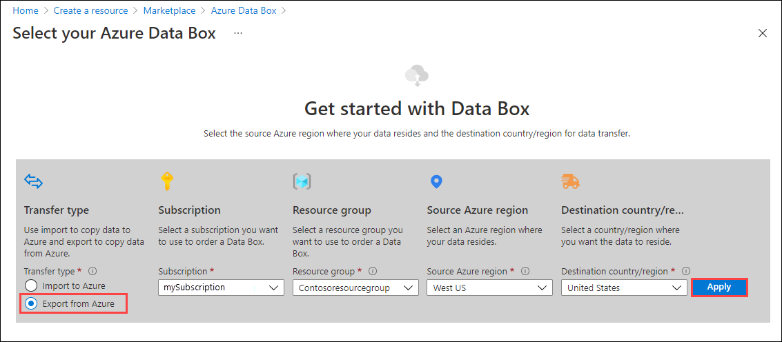 Screenshot of Get Started options for a new export order in Azure Import/Export's portal. The Export From Azure transfer type and the Apply button are highlighted.