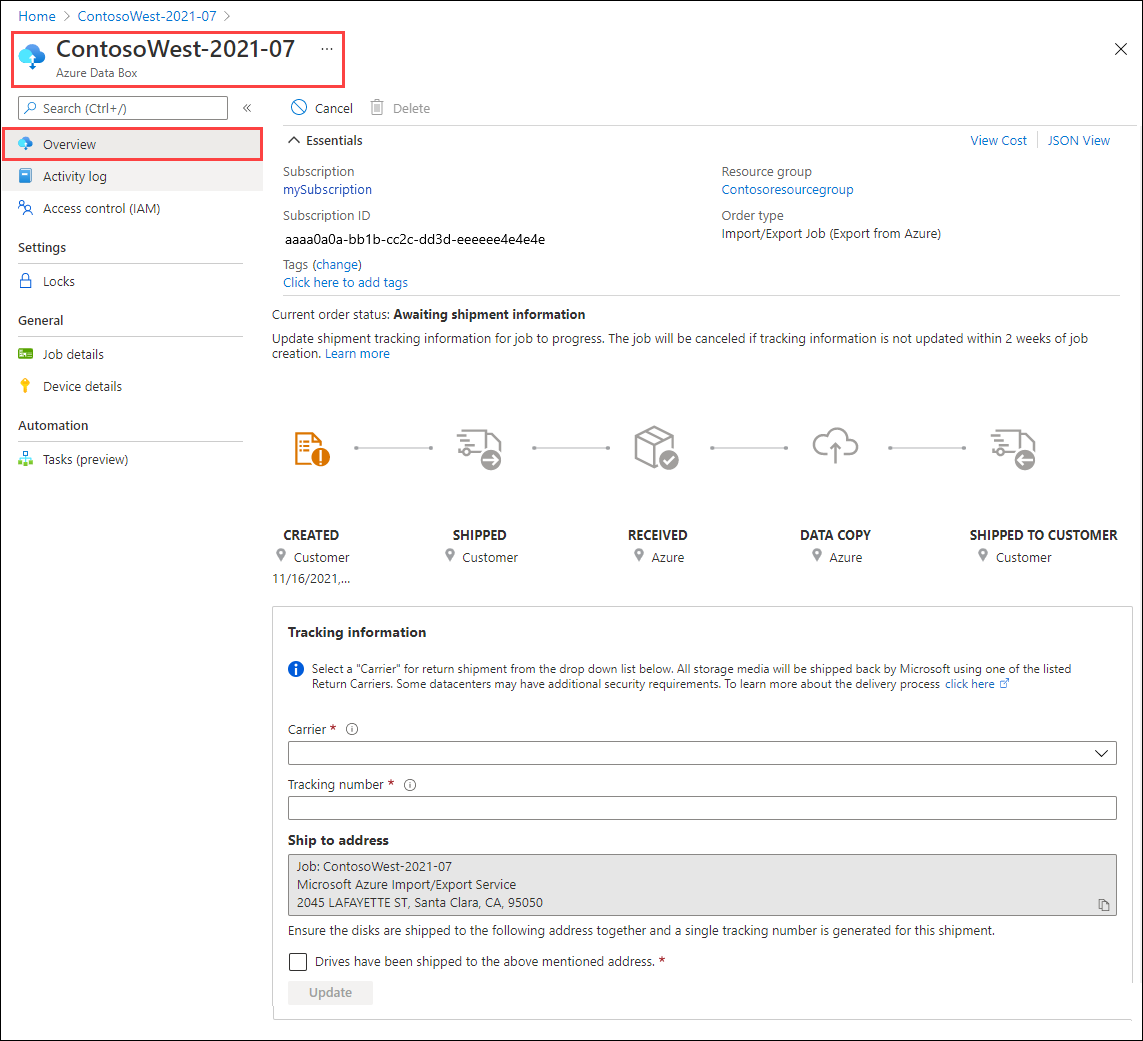Screenshot showing the Overview pane for an Azure Import Export job in Created state in the portal.