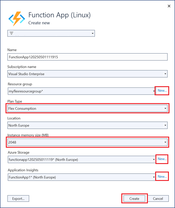 Screenshot of the Create App Service dialog.