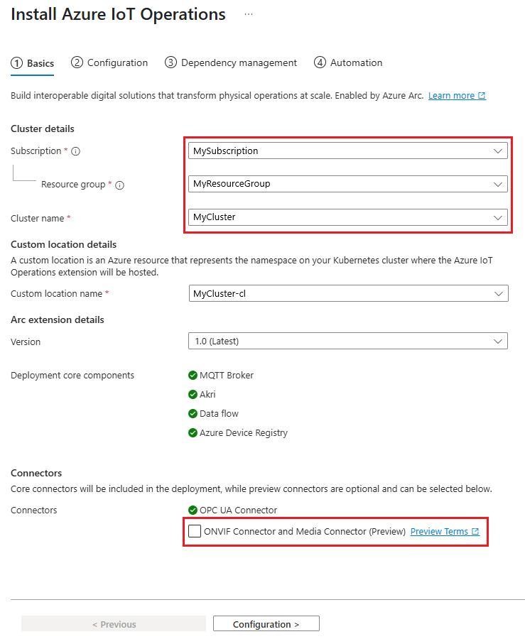 A screenshot that shows the first tab for deploying Azure IoT Operations from the portal.