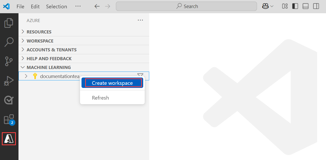 Screenshot that shows the option to create a workspace.
