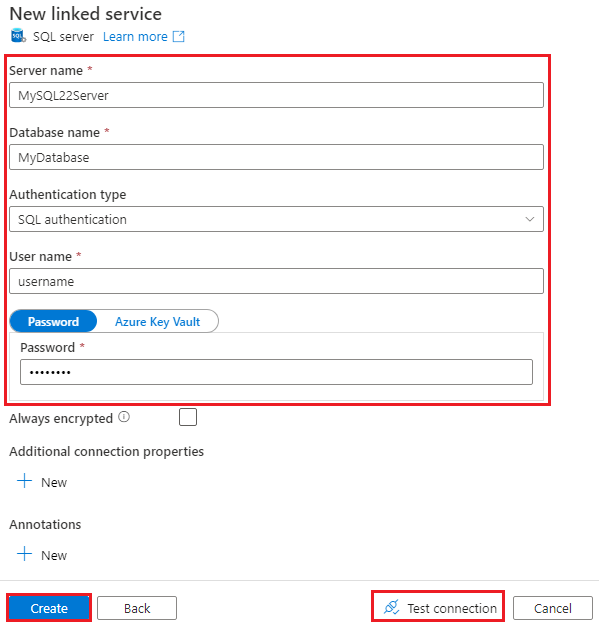 Screenshot that shows where to view the linked service connection.