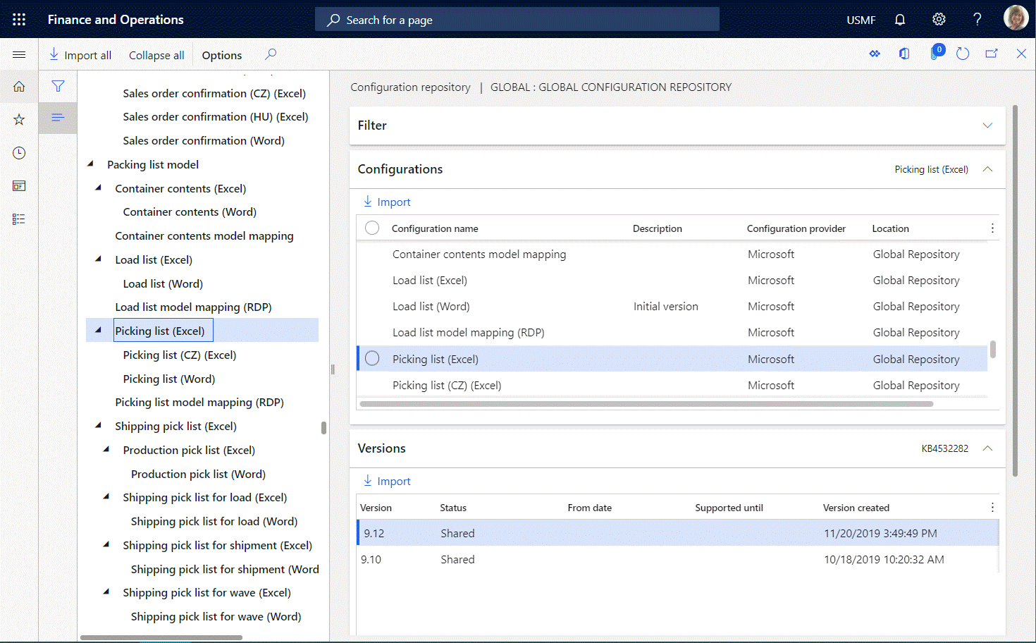 Filtering the content of the Global repository on the Configuration repository page.