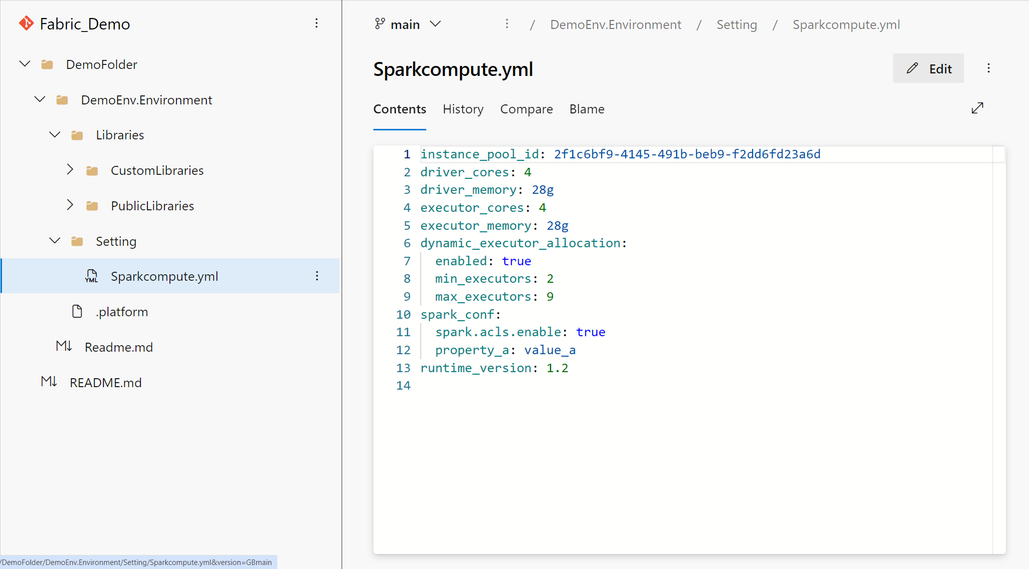 Screenshot that shows the Spark compute local representation of the environment in Git.