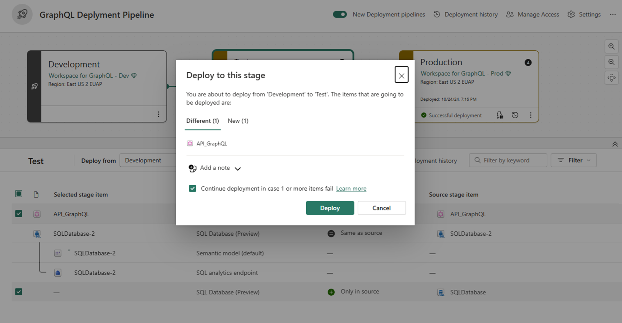 Screenshot of pipeline showing deployment confirmation message.
