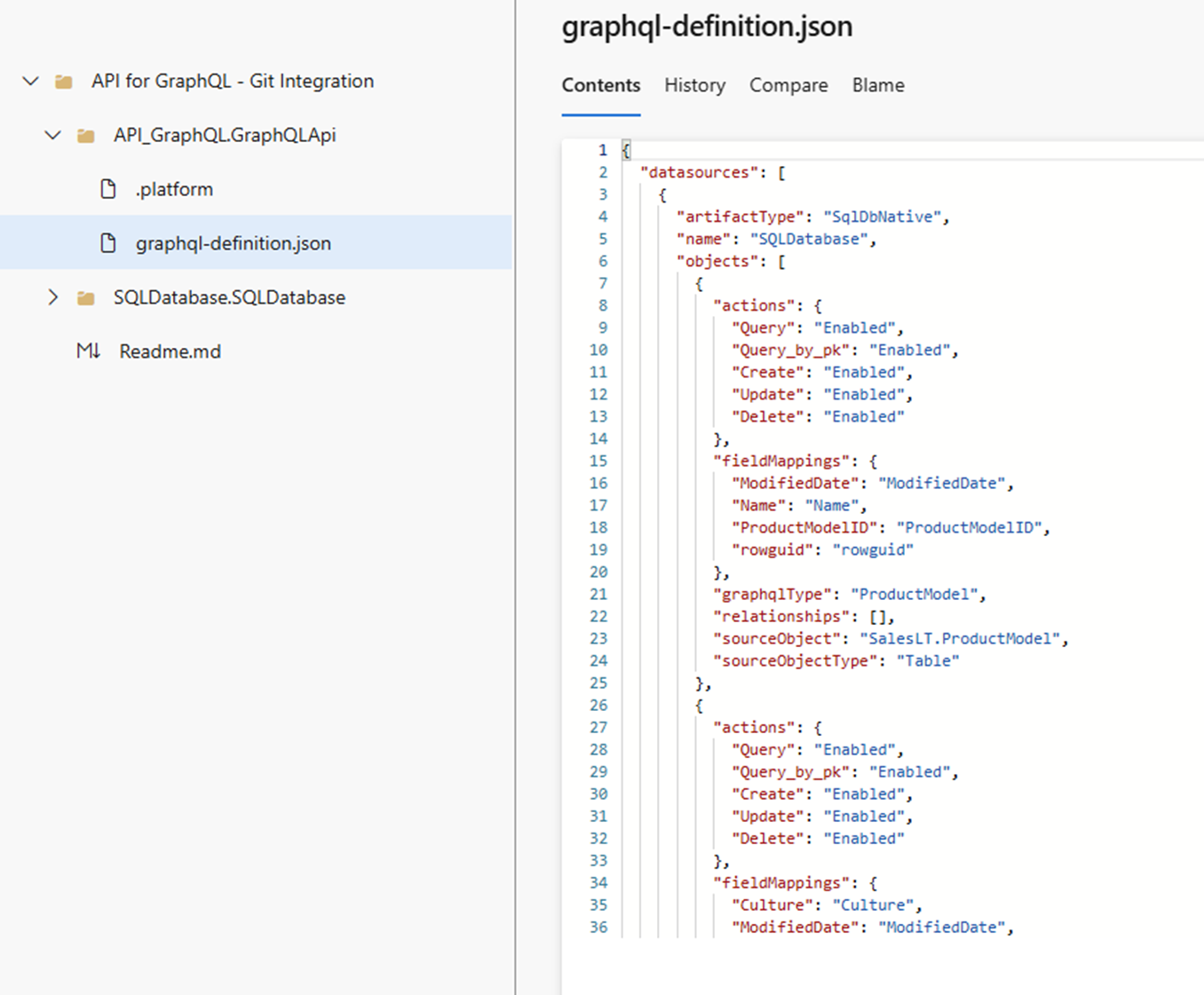 Screenshot of API for GraphQL definitions stored in Git.