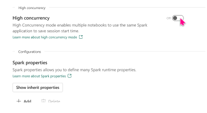 Screenshot showing the high concurrency option disabled in workspace settings.