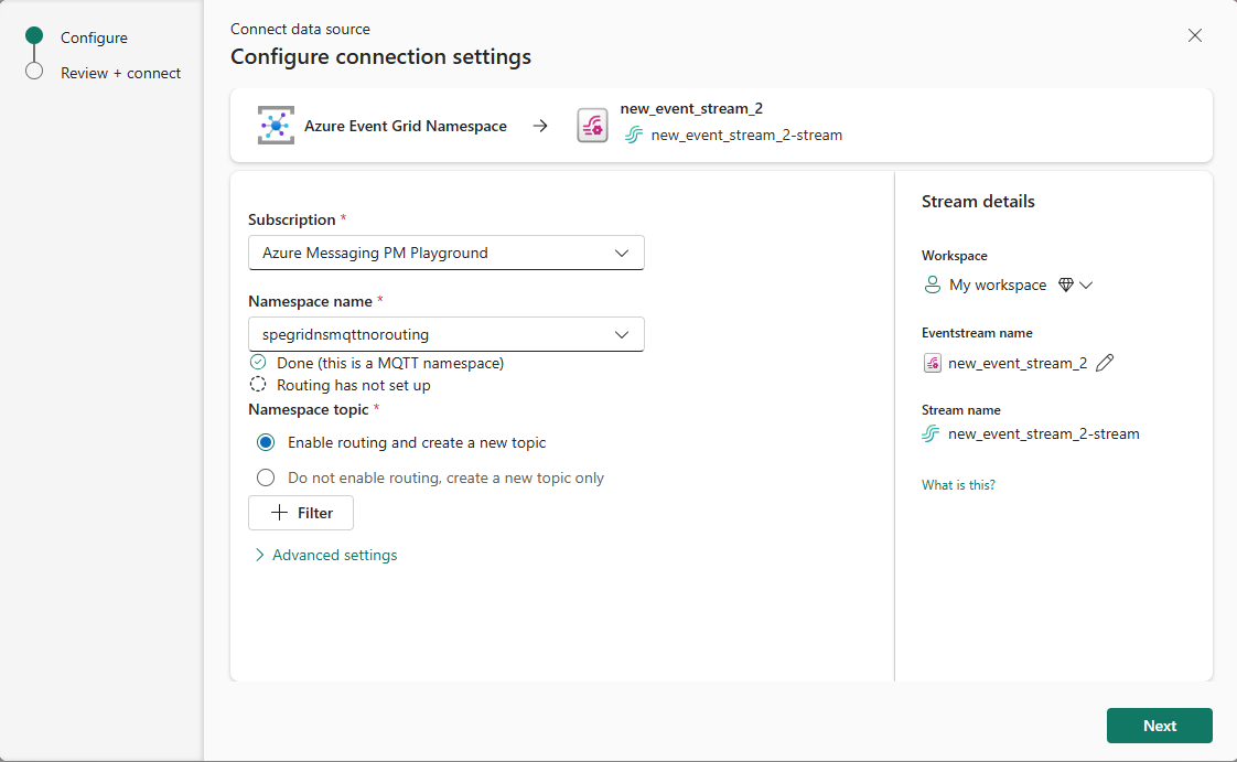 Screenshot that shows the configuration settings for the Azure Event Grid namespace when MQTT is enabled but routing isn't enabled.