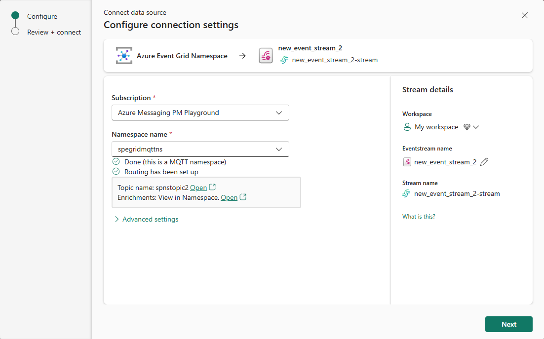 Screenshot that shows the configuration settings for the Azure Event Grid namespace when MQTT and routing are enabled.