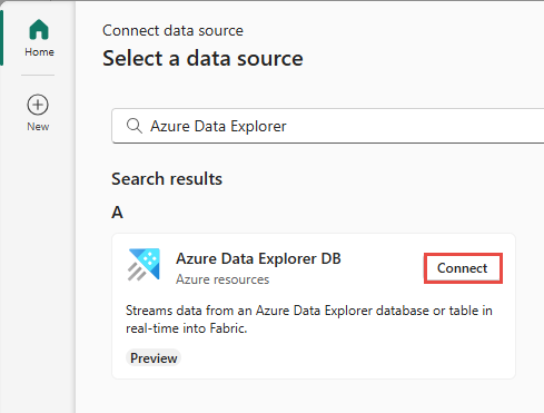 Screenshot that shows the selection of Azure Data Explorer as the source type in the Get events wizard.