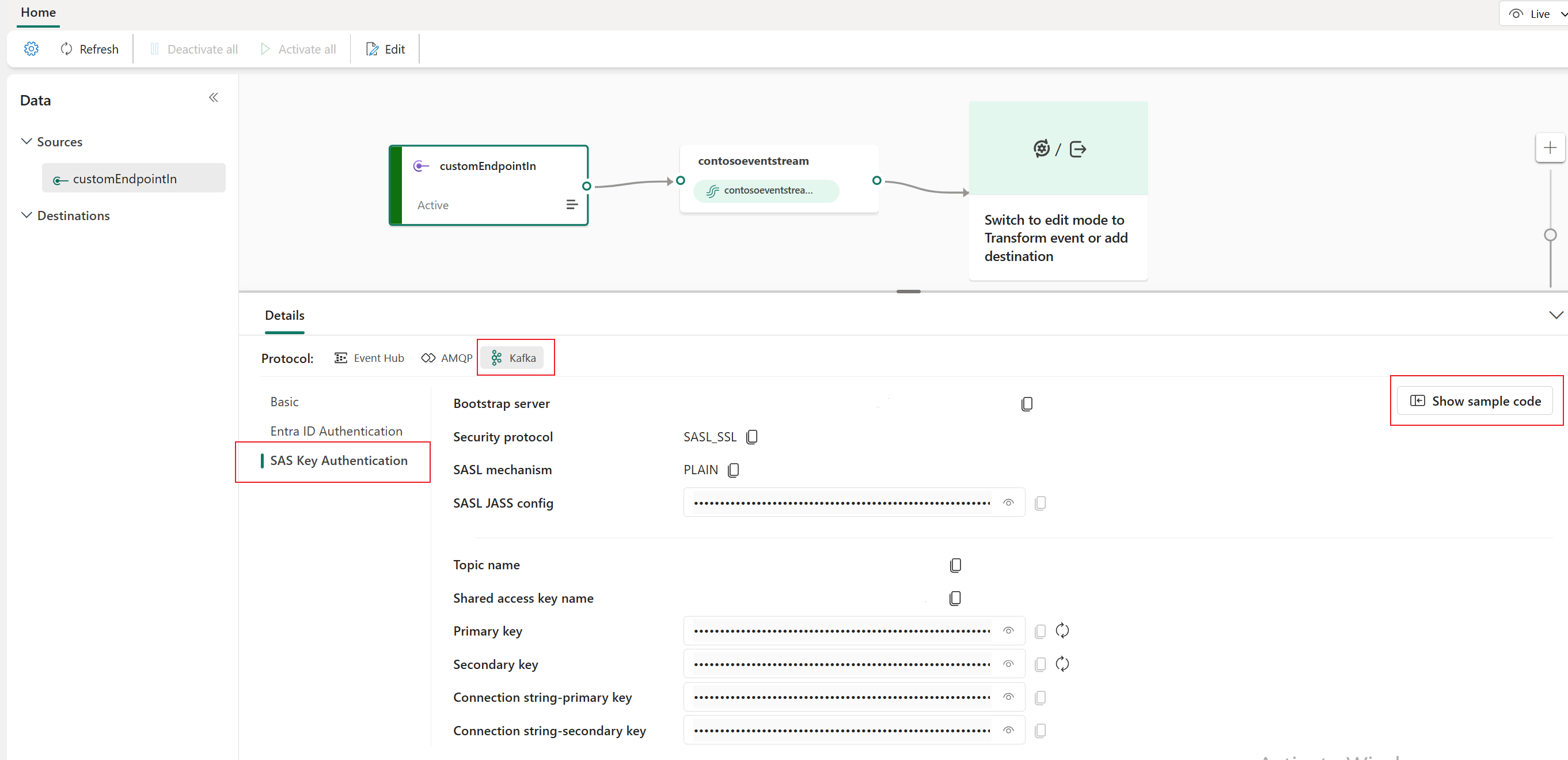 Screenshot that shows Kafka sample code on the Details pane of the eventstream live view.
