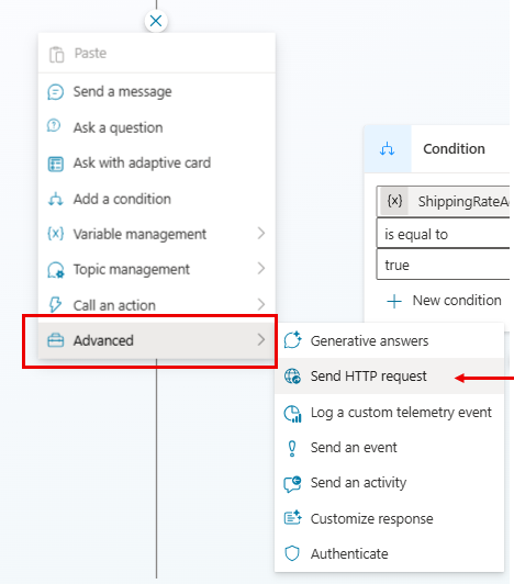 Screenshot of the 'Send HTTP request' option in the Advanced menu.