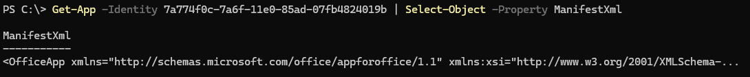 Screenshot of running the Get-App command in PowerShell to get the ManifestXml of Bing Maps