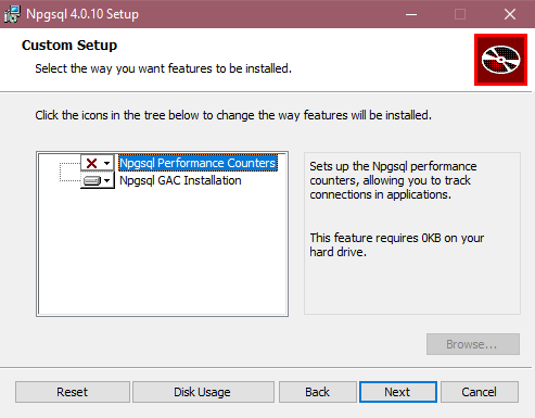 Screenshot of the Npgsql installer with GAC Installation selected.