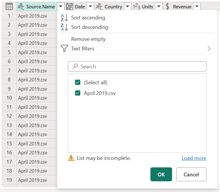 Screenshot of the filter dialog with an incomplete list of the files that are combined.