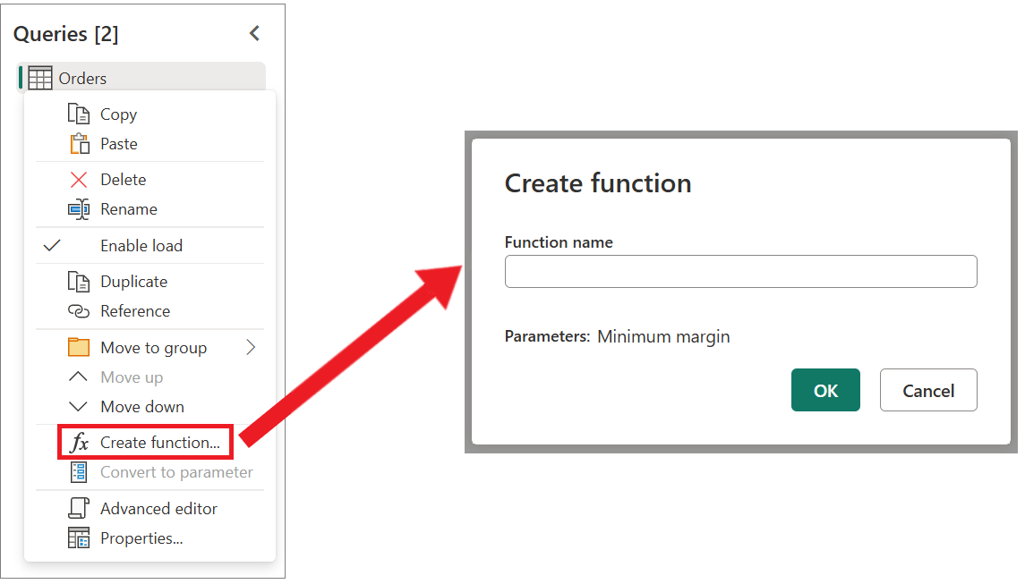Screenshot of the Create function option and the Create function window.