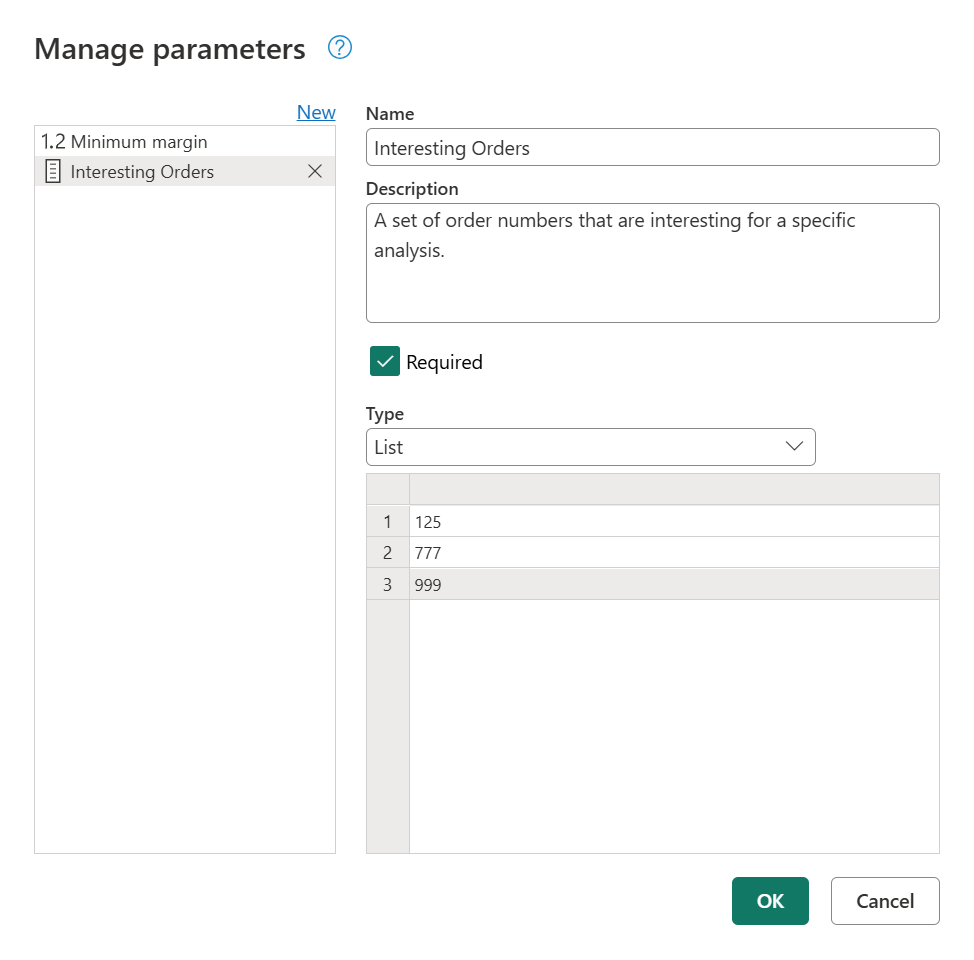 Screenshot of the new Interesting Orders list parameter with the values 125, 777, and 999 in the values grid.