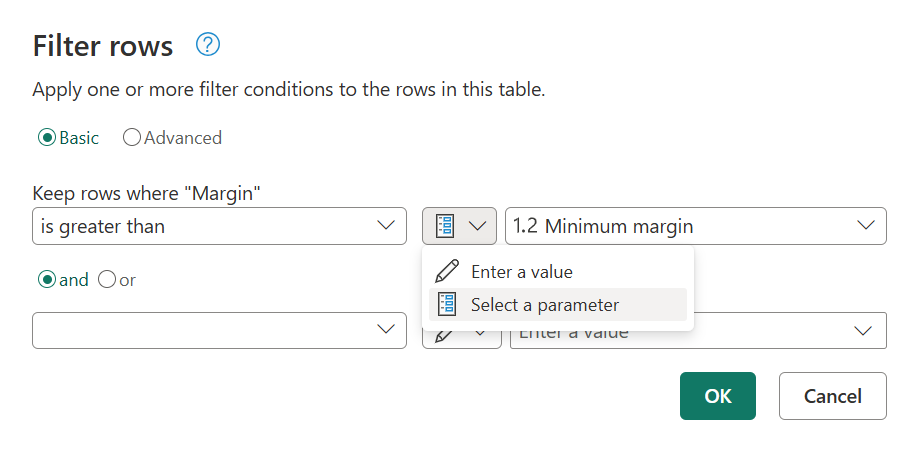 Screenshot of Filter rows showing the select a parameter option for the transformation argument.