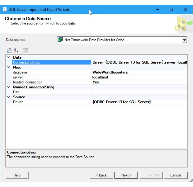 Screenshot of the SQL Server Import and Export Wizard Choose a Data Source menu.