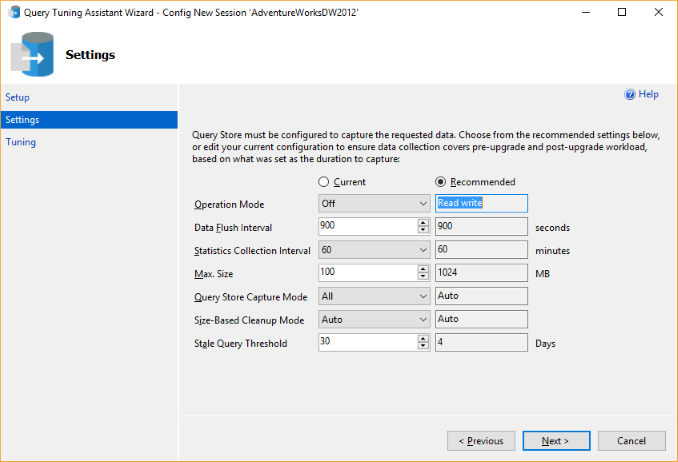 Screenshot of New database upgrade settings window.