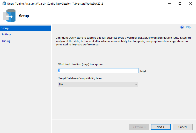 Screenshot of New database upgrade session setup window.
