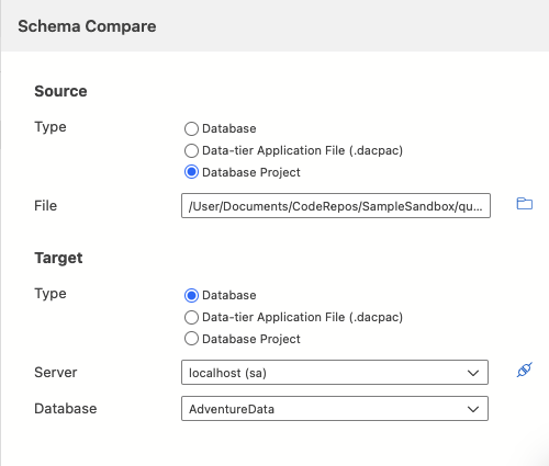 Screenshot of Schema comparison source select dialog in Azure Data Studio.
