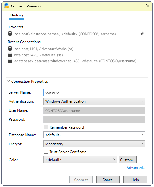 Screenshot of modern connection dialog for SQL Server.
