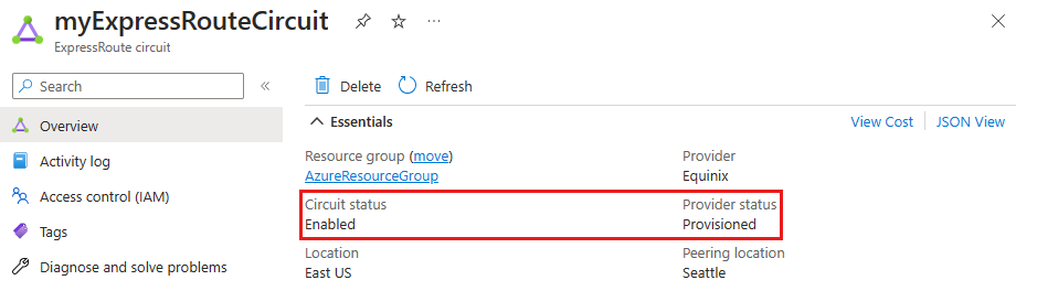 Screenshot of the circuit and provider status in the portal. 