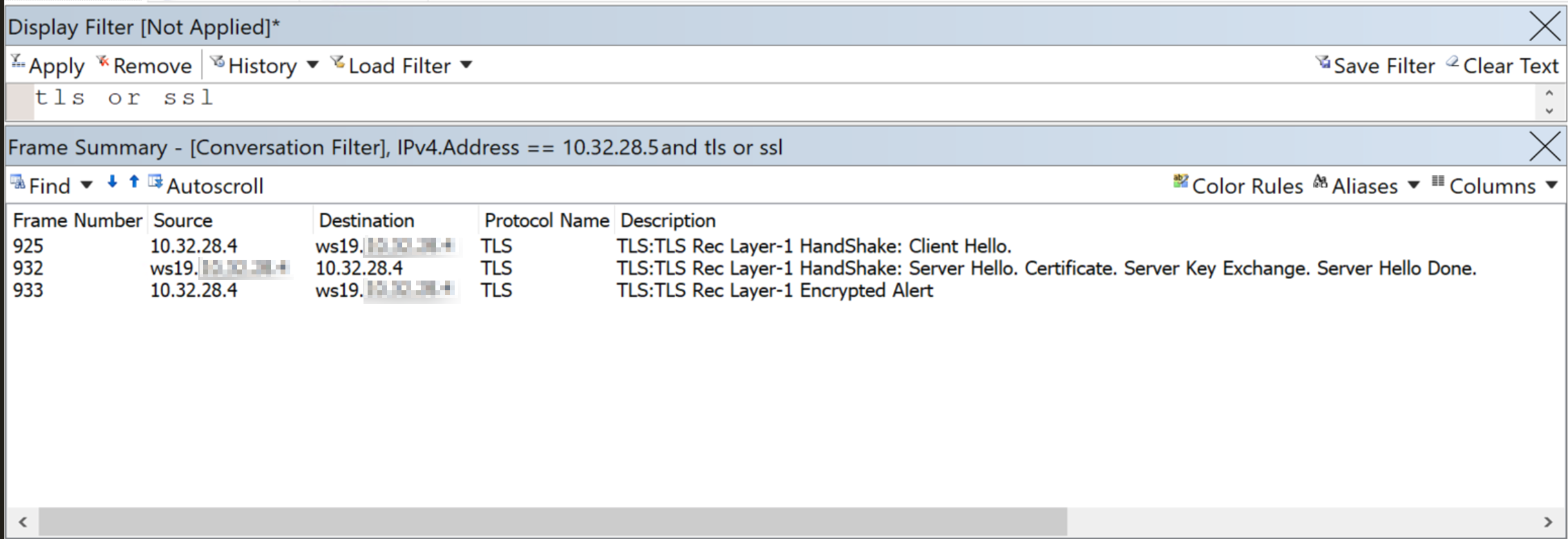 Screenshot of the Display Filter window showing the trace snapshot.