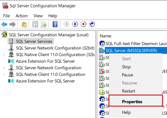 Screenshot of the SQL Server service right-click menu with Properties highlighted.