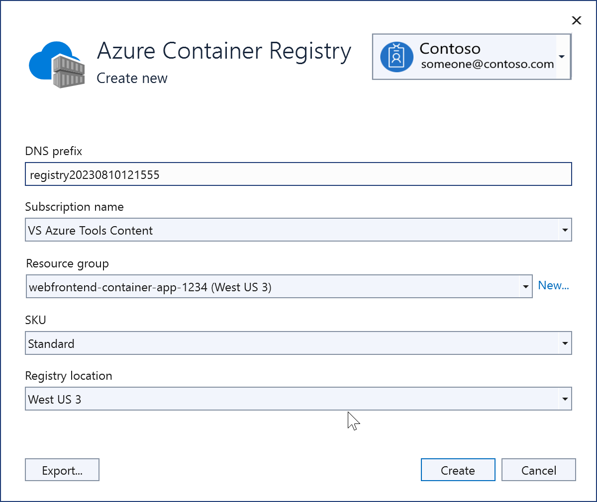 Screenshot showing a new Azure Container Registry that was just created.