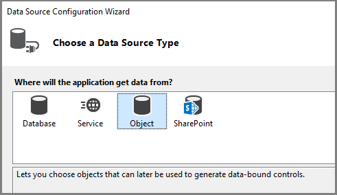 Screenshot that shows the Data Source Configuration Wizard with Object selected as the data source.